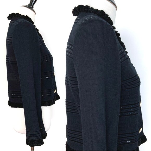 St. John Evening Black Sparkle Ruffle Jacket Santana Knit Sz 2-4 - Picture 11 of 16